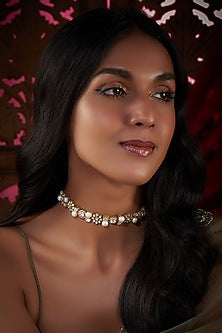 Gold Finish Kundan Polki & Pearl Choker Necklace In Sterling Silver