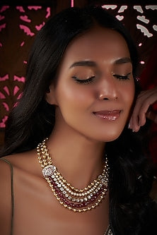 Gold Plated Kundan Polki & Red Onyx Beaded Long Necklace In Sterling Silver