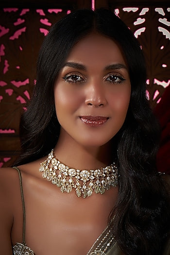 Gold Finish Kundan Polki & Fluorite Stone Necklace In Sterling Silver