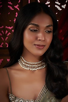 Gold Finish Red Kundan Polki & Pearl Necklace In Sterling Silver