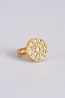 Gold Finish Kundan Polki Adjustable Ring In Sterling Silver