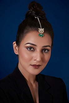 Gold Finish Kundan Polki Maang Tikka In Sterling Silver