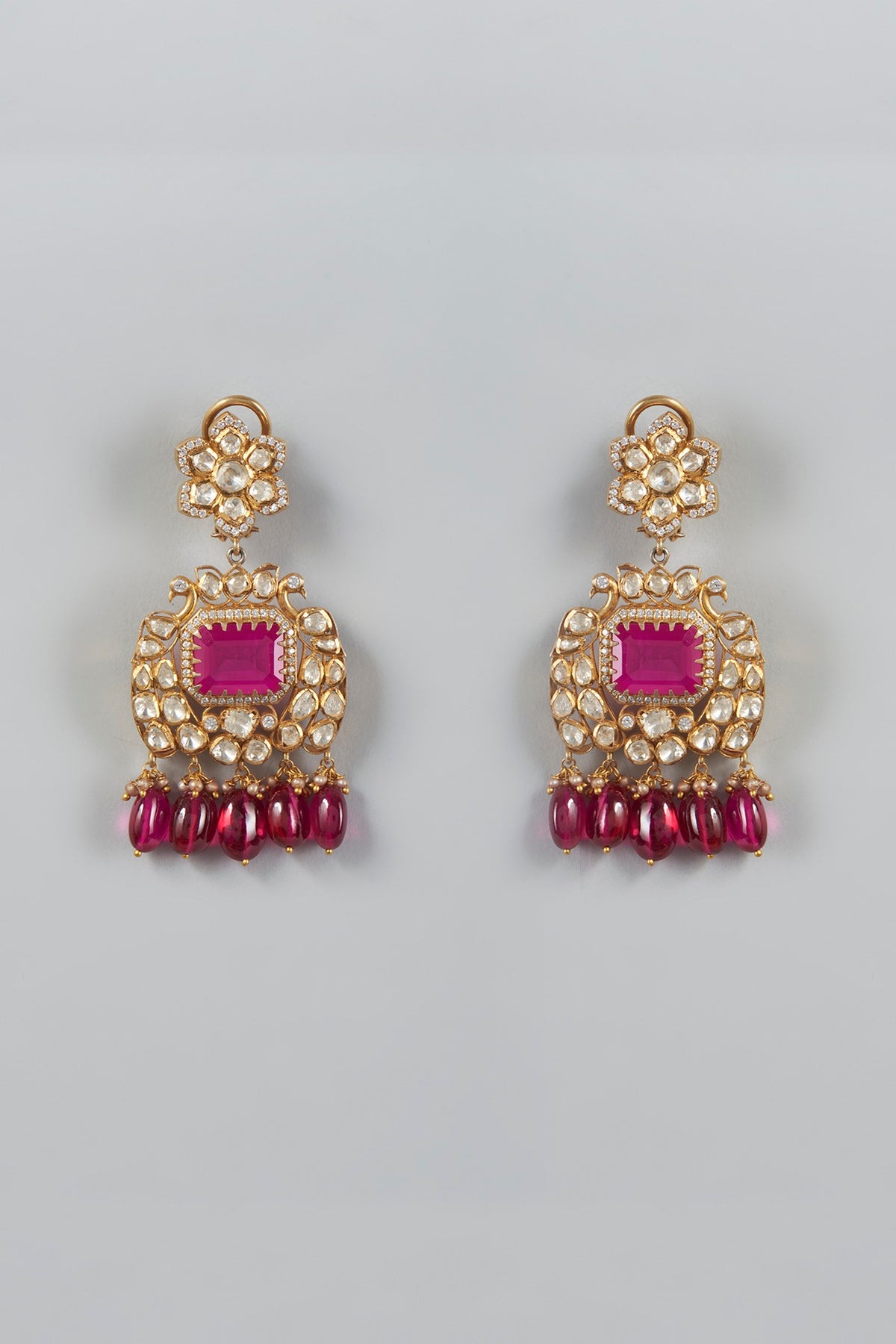 Gold Finish Ruby & Pearls Long Necklace In Sterling Silver
