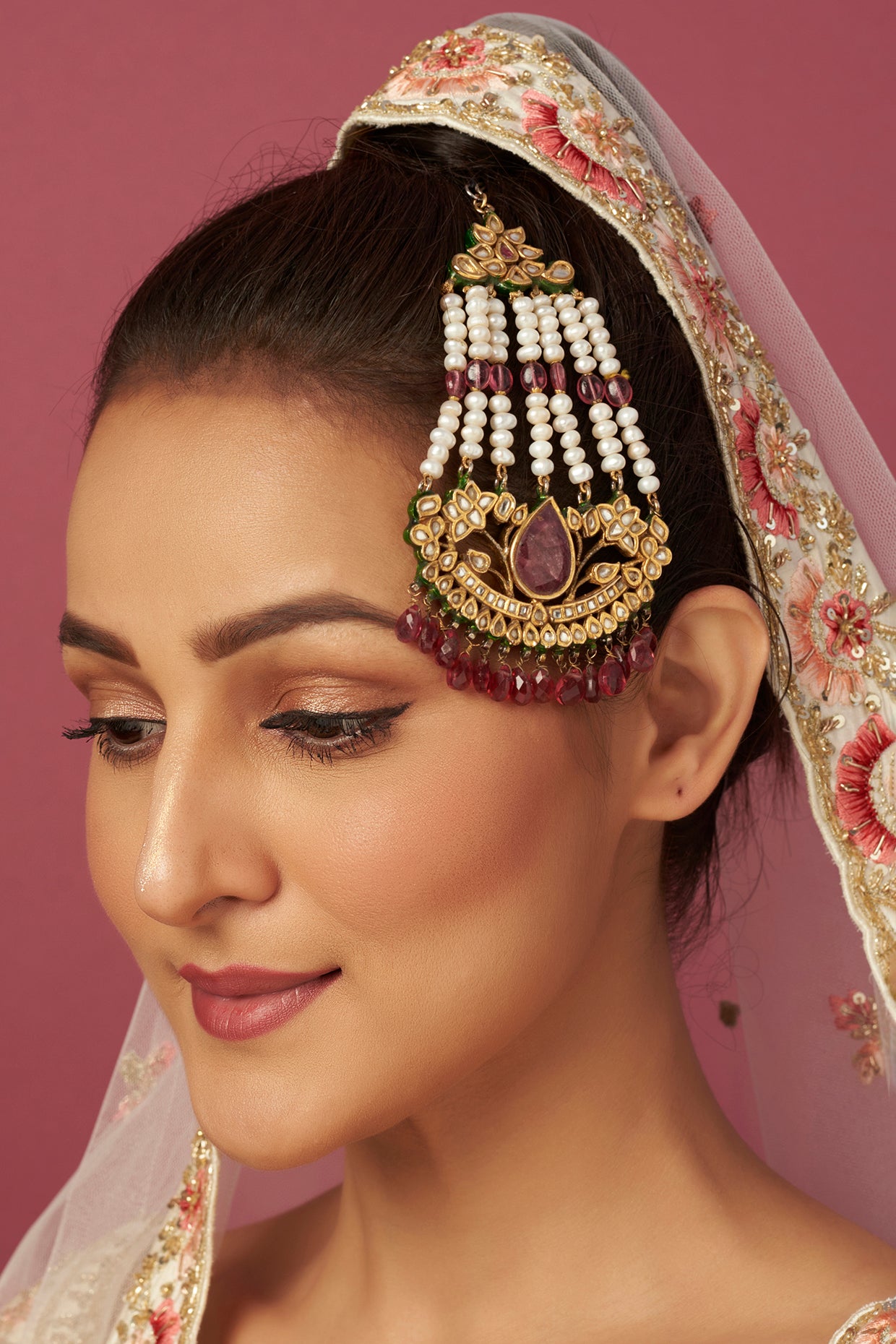 Gold Finish Kundan & Ruby Pasa In Sterling Silver