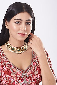 Gold Finish Pearl & Kemp Stone Necklace In Sterling Silver
