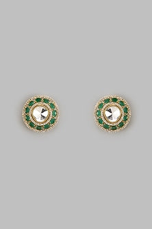 Gold Finish Kundan Polki & Green Synthetic Stone Stud Earrings