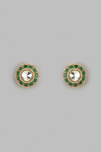 Gold Finish Kundan Polki & Green Synthetic Stone Stud Earrings