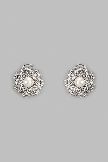 White Finish Zircon & Pearl Stud Earrings