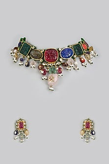 Gold Finish Multi-Colored Synthetic Stone Choker Necklace Set
