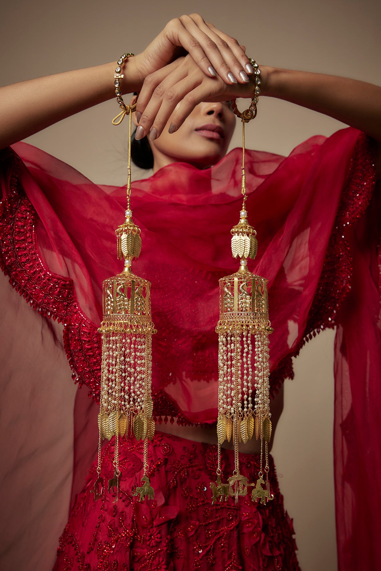 Gold Finish Pearl & Bird Motif Tying Kaleeras (Set Of 2)