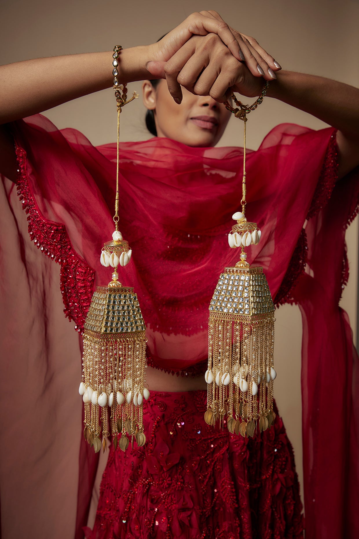 Gold Finish Kundan Polki & Charm Tying Kaleeras (Set Of 2)