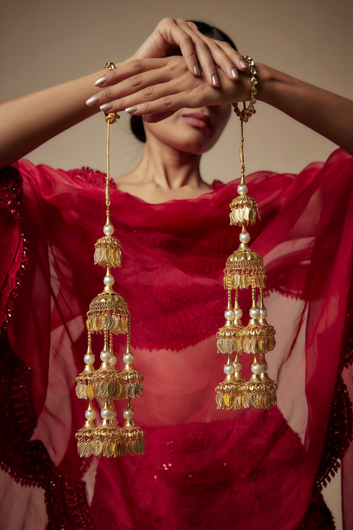 Gold Finish Chandelier Pearl & Charm Tying Kaleeras (Set Of 2)