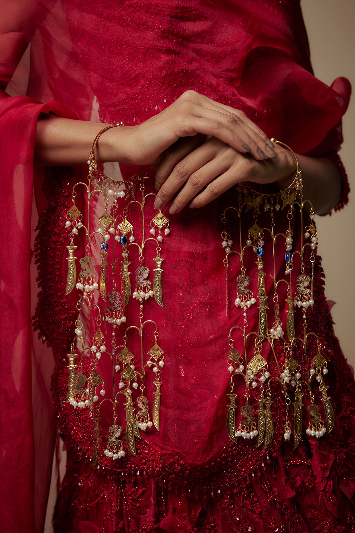 Gold Finish Multi-Colored Charm & Pearl Bangle Kaleeras (Set Of 2)