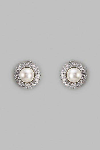 White Finish Zircon & Pearl Stud Earrings