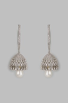 White Finish Zircon & Pearl Jhumka Earrings