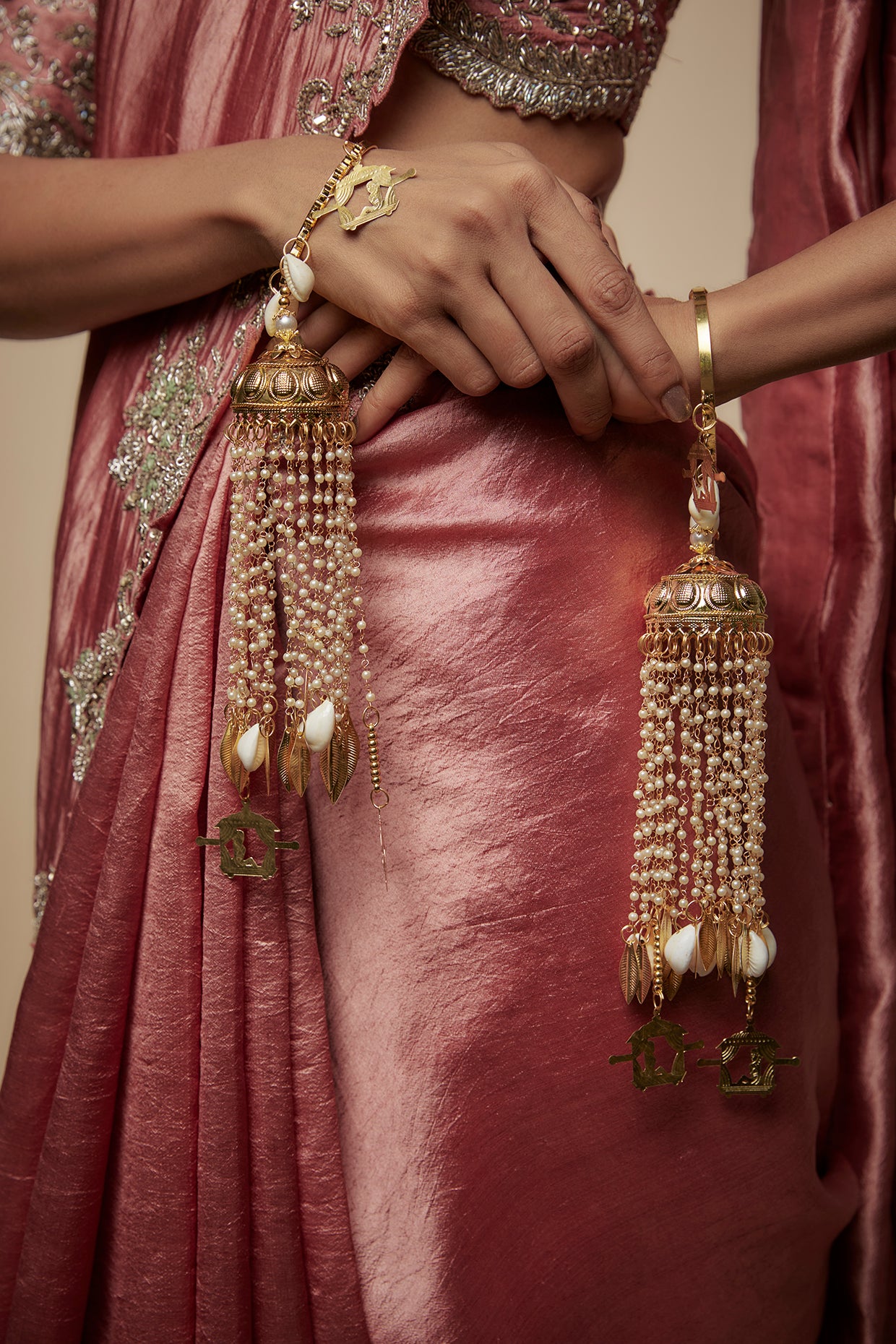 Gold Finish Shell & Doli Charm Bangle Kaleeras (Set Of 2)