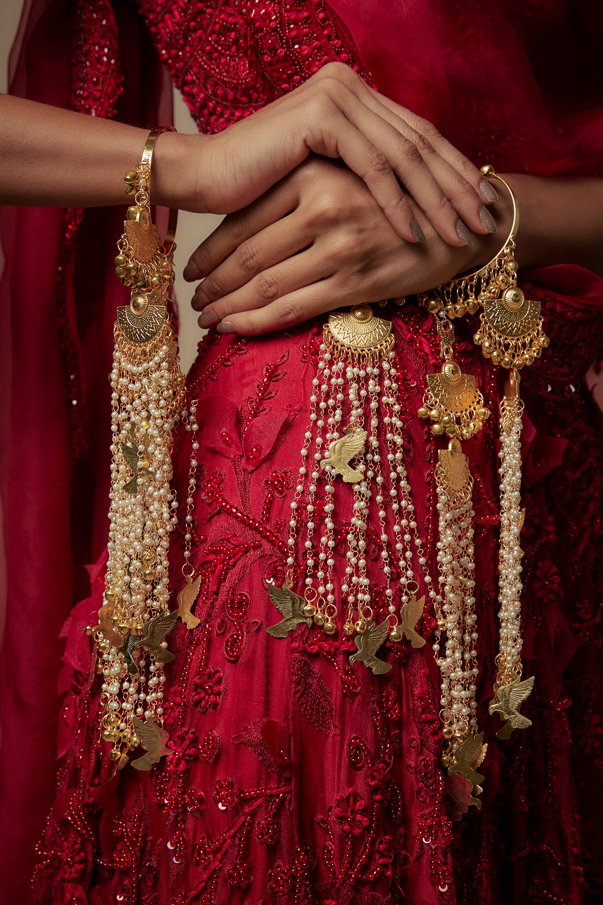 Gold Finish Beaded & Bird Charm Bangle Kaleeras (Set Of 2)
