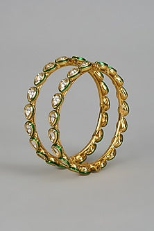 Gold Finish Kundan Polki Meenakari Bangles (Set Of 2)