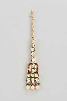 Gold Finish Kundan Polki Red Enameled Maangtikka