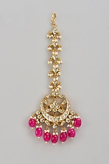 Gold Finish Kundan Polki & Pink Beaded Maangtikka