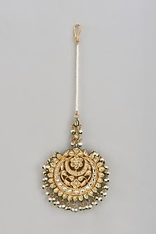 Gold Finish Kundan Polki Green Enameled Maangtikka