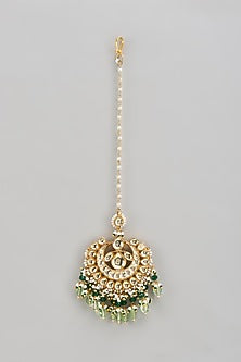 Gold Finish Kundan Polki & Green Beaded Maangtikka