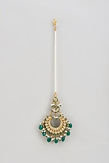 Gold Finish Kundan Polki & Green Beaded Maangtikka