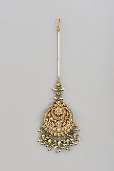 Gold Finish Kundan Polki & Green Beaded Enameled Maangtikka