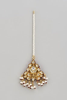 Gold Finish Kundan Polki & White Beaded Maangtikka