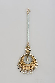 Gold Finish Kundan Polki & Green Beaded Maangtikka