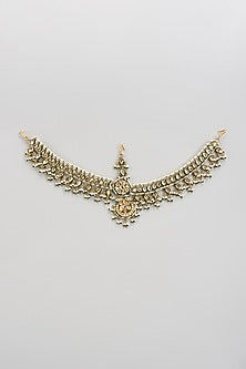 Gold Finish Kundan Polki & Green Beaded Mathapatti