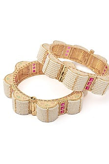 Gold Finish Pink Stones & White Beaded Bangles (Set Of 2)