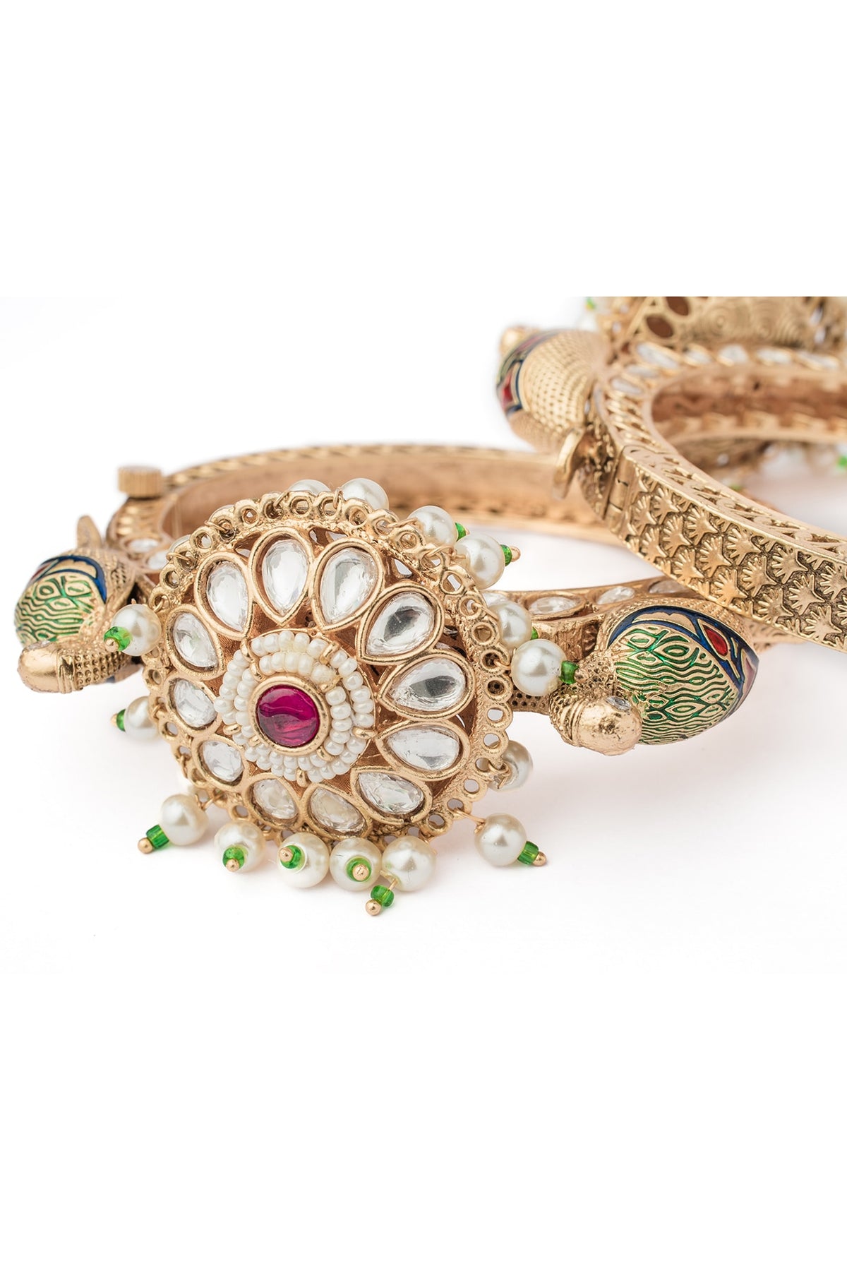 Gold Finish Kundan Polki & Green Stone Floral Bangles (Set Of 2)