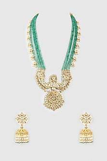 Gold Finish Kundan Polki & Green Beaded Long Necklace Set