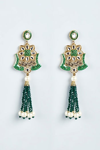 Gold Finish Green Synthetic Stone Enameled Dangler Earrings