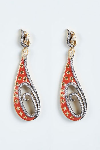 Gold Finish Red Enameled Dangler Earrings