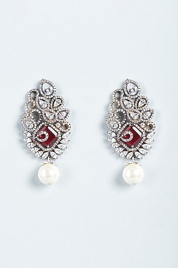 Black Rhodium Finish Zircon & Red Stone Dangler Earrings