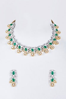 Two-Tone Finish Zircon & Emerald Synthetic Stone Necklace Set