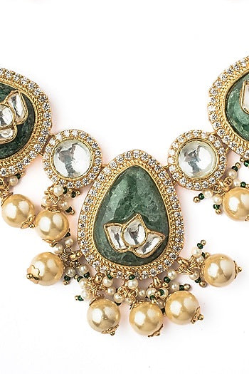 Gold Finish Kundan Polki & Green Stone Choker Necklace
