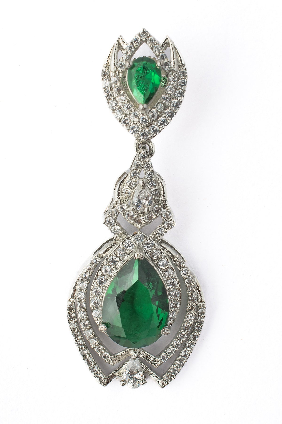 Silver Finish Zircon & Green Gem Stone Dangler Earrings