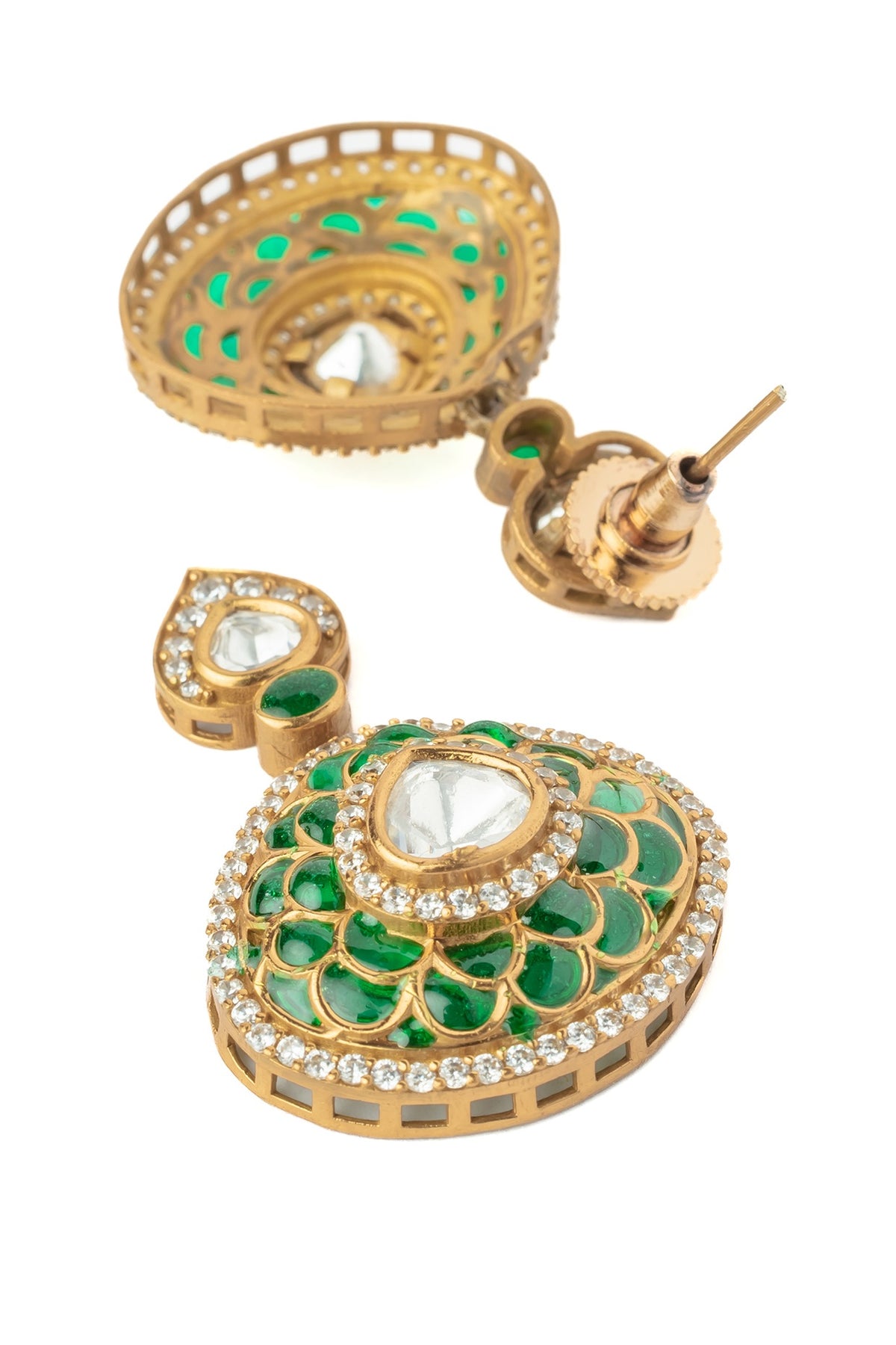 Gold Finish Diamond Green Enameled Earrings