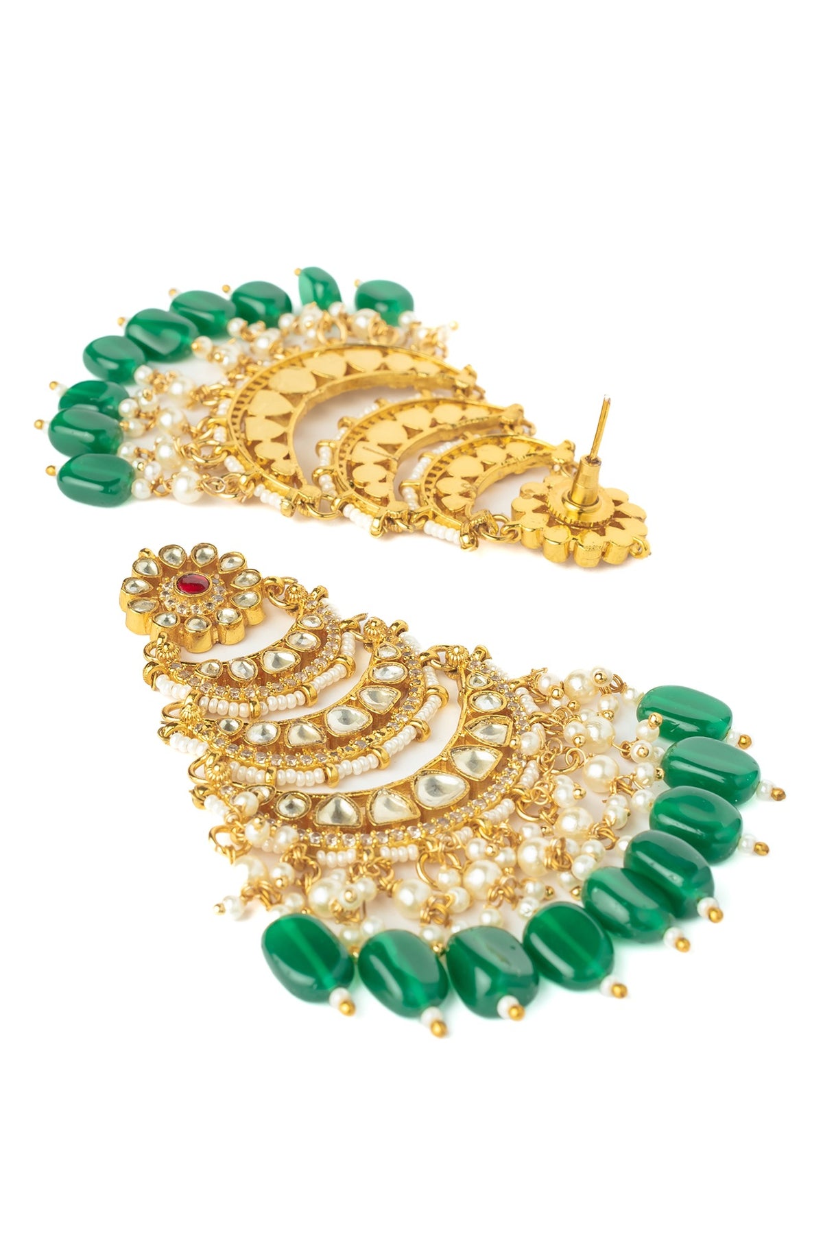 Gold Finish Kundan Polki & Green Beaded Chandelier Earrings