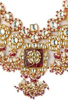 Gold Finish Kundan Polki & Red Gemstone Necklace Set