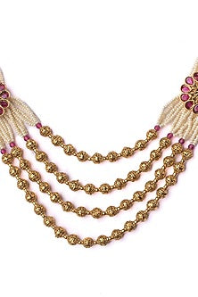 Gold Finish Pearl & Beaded Long Necklace Set