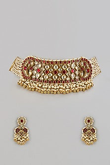 Gold Finish Kundan Polki & Synthetic Stone Choker Necklace Set