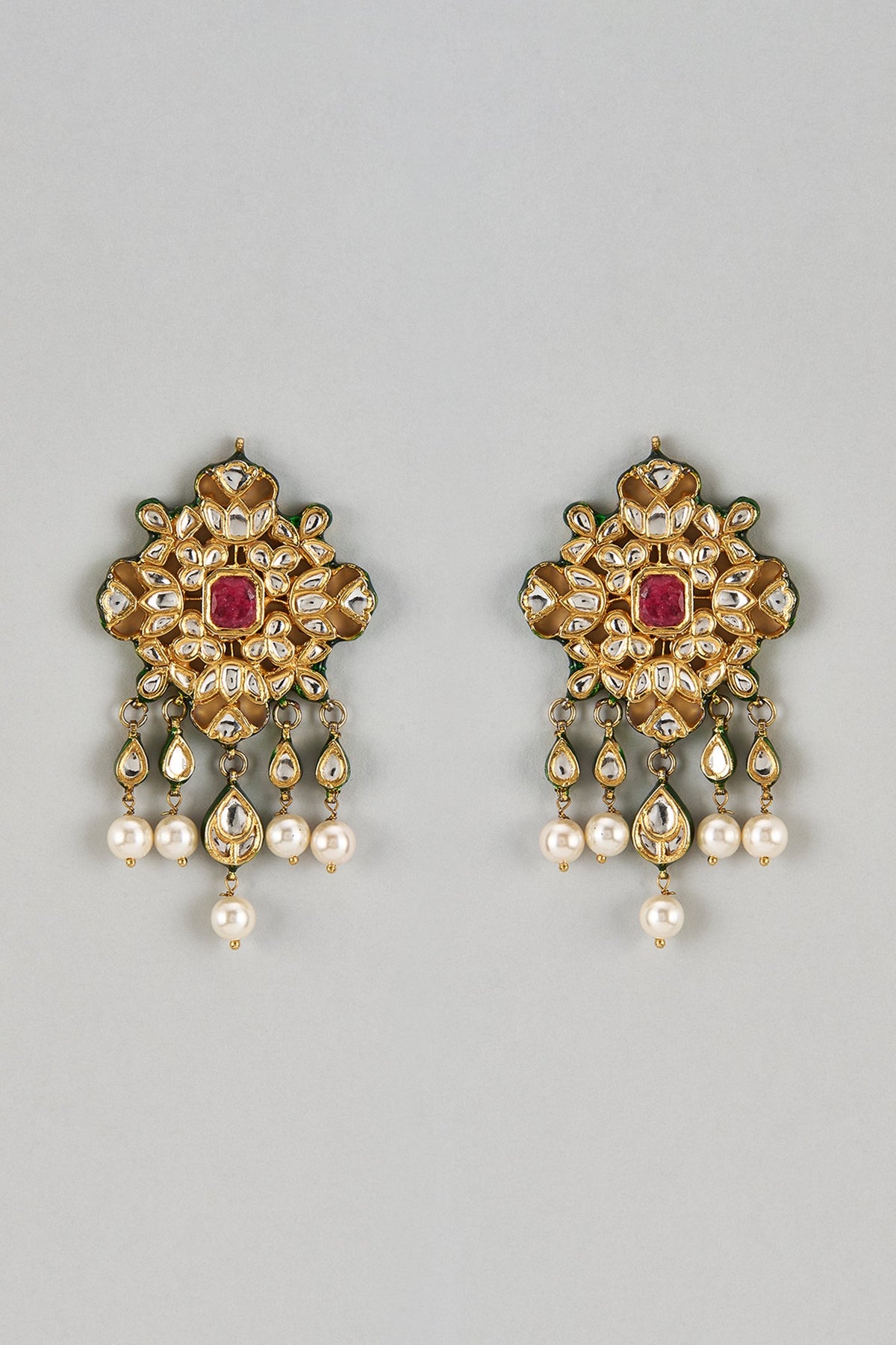 Gold Finish Kundan Polki & Pearl Drop Jhumka Earrings