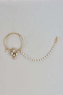 Gold Finish Kundan Polki & Beaded Nose Ring