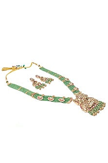 Gold Finish Green Beaded Long Layered Necklace Set