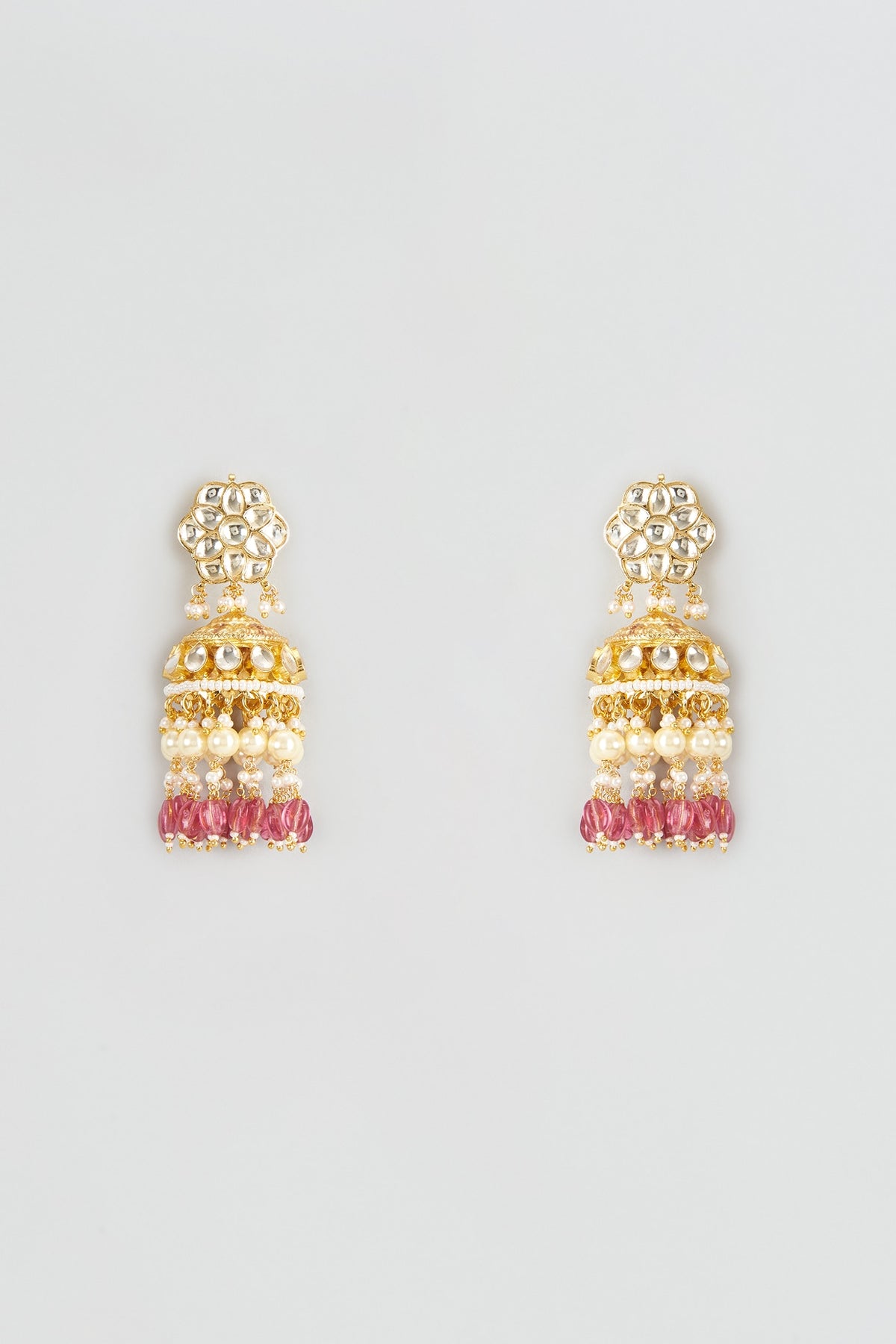 Gold Finish Kundan Polki & Baby Pink Drop Jhumka Earrings