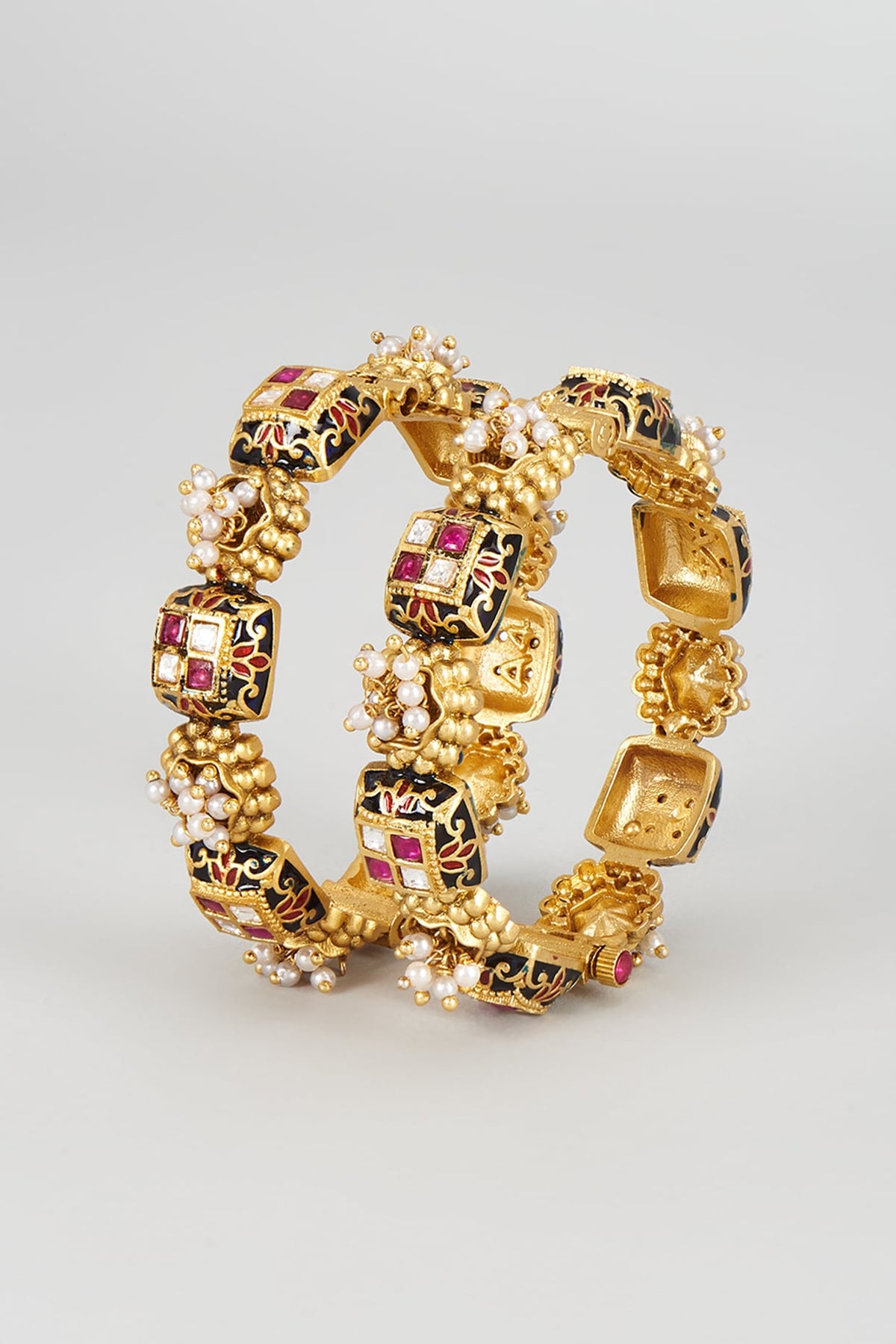 Gold Finish Kundan Polki Meenakari Openable Kadas (Set of 2)